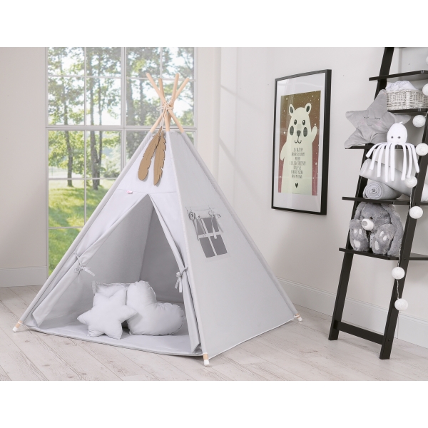 MEGA Set: Teepee Kinder Spielzelt + Spielmatte+ Kissen + Schmuckfedern GRATIS! - grau