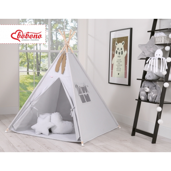 MEGA Set: Teepee Kinder Spielzelt + Spielmatte+ Kissen + Schmuckfedern GRATIS! - grau