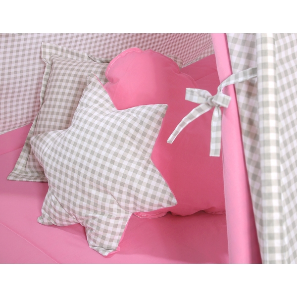 MEGA Set: Teepee Kinderspiel-Zelt+ Spielmatte+ Kissen + Schmuckfedern GRATIS! - Grau kariert-rosa