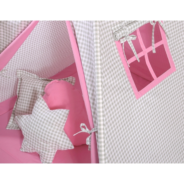 MEGA Set: Teepee Kinderspiel-Zelt+ Spielmatte+ Kissen + Schmuckfedern GRATIS! - Grau kariert-rosa