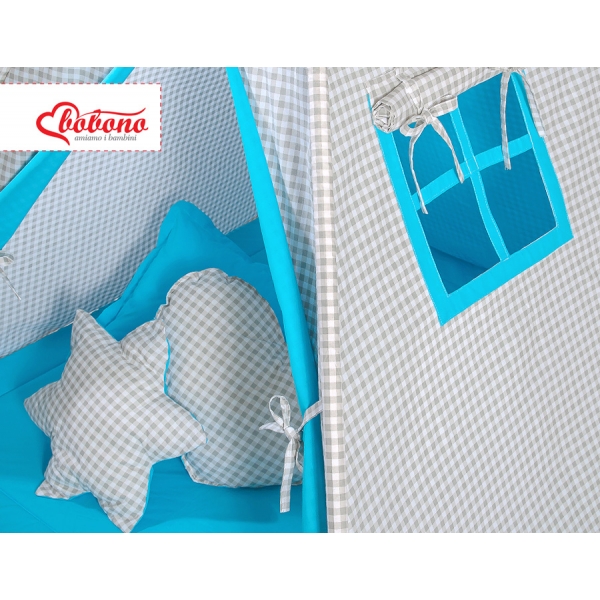 MEGA Set: Teepee Kinderspiel-Zelt+ Spielmatte+ Kissen + Schmuckfedern GRATIS! - Grau kariert-türkis