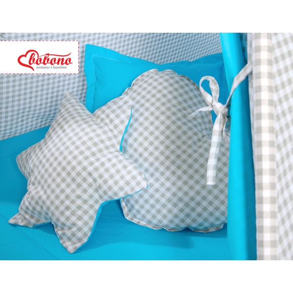 MEGA Set: Teepee Kinderspiel-Zelt+ Spielmatte+ Kissen + Schmuckfedern GRATIS! - Grau kariert-türkis