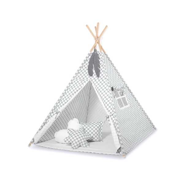 MEGA Set: Teepee Kinderspiel-Zelt+ Spielmatte+ Kissen + Schmuckfedern GRATIS! - grau Punkt-Muster