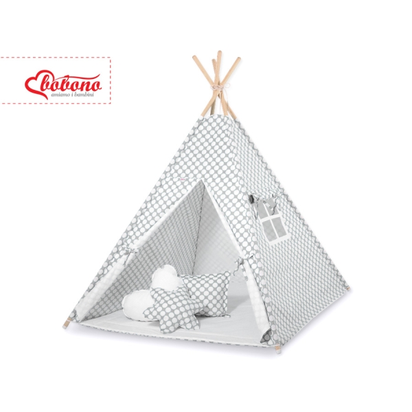 MEGA Set: Teepee Kinderspiel-Zelt+ Spielmatte+ Kissen + Schmuckfedern GRATIS! - grau Punkt-Muster