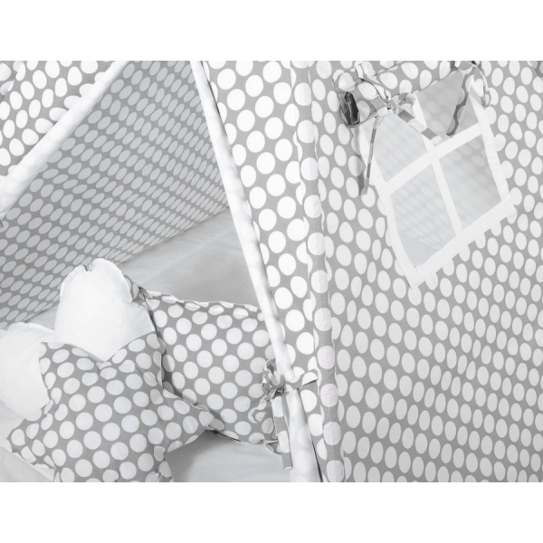 MEGA Set: Teepee Kinderspiel-Zelt+ Spielmatte+ Kissen + Schmuckfedern GRATIS! - grau Punkt-Muster