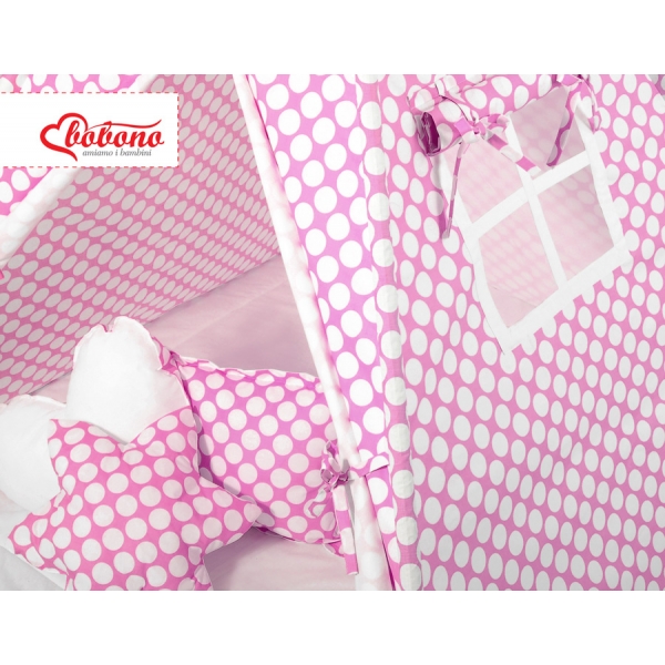 MEGA Set: Teepee Kinder Spielzelt + Spielmatte+ Kissen + Schmuckfedern GRATIS! - rosa Punkt-Muster