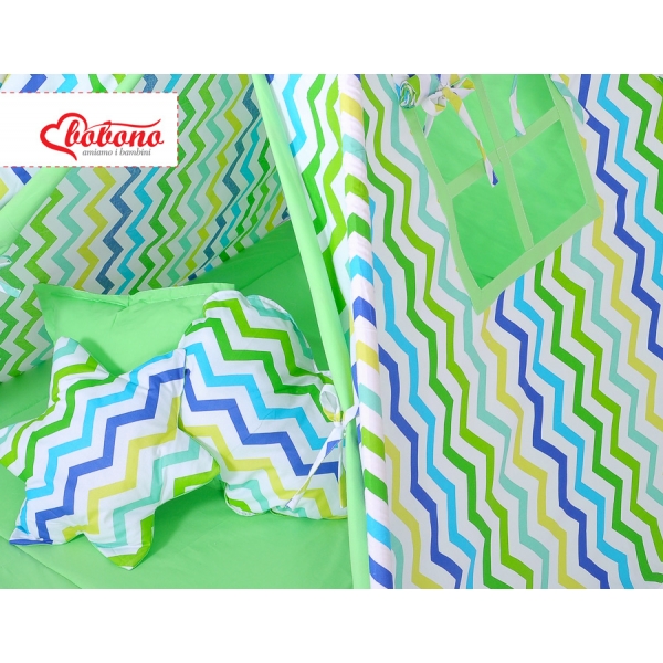 MEGA Set: Teepee Kinderspiel-Zelt+ Spielmatte+ Kissen - Chevron grün-blau