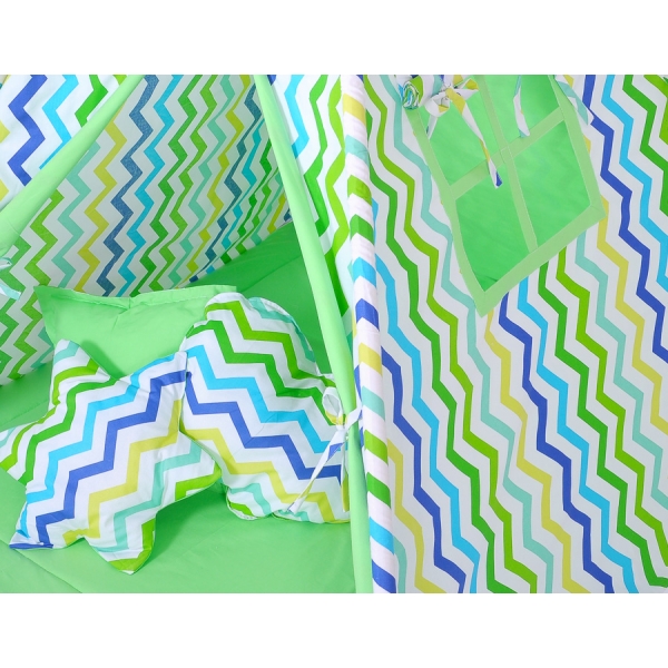 MEGA Set: Teepee Kinderspiel-Zelt+ Spielmatte+ Kissen - Chevron grün-blau