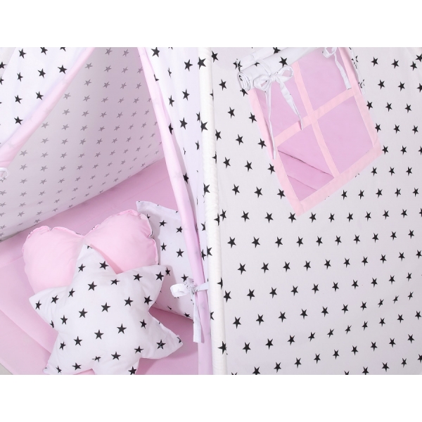 MEGA Set: Teepee Kinderspiel-Zelt+ Spielmatte+ Kissen - Schwarze Sternchen/rosa