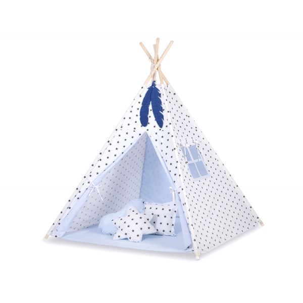 MEGA Set: Teepee Kinderspiel-Zelt+ Spielmatte+Kissen+ Schmuckfedern GRATIS! - Schwarze Sternchen/blau