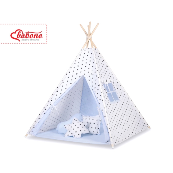 MEGA Set: Teepee Kinderspiel-Zelt+ Spielmatte+Kissen+ Schmuckfedern GRATIS! - Schwarze Sternchen/blau