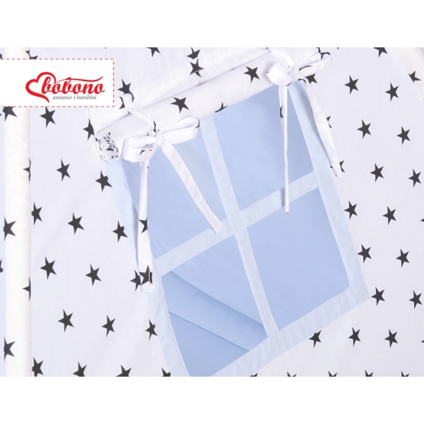 MEGA Set: Teepee Kinderspiel-Zelt+ Spielmatte+Kissen+ Schmuckfedern GRATIS! - Schwarze Sternchen/blau