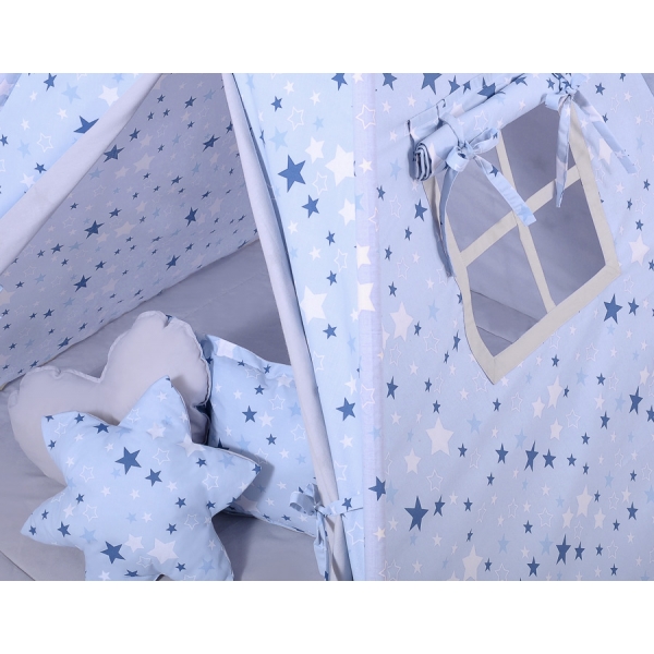 MEGA Set:Teepee Kinder Spielzelt + Kissen+ Schmuckfedern GRATIS! - blaue Sternen