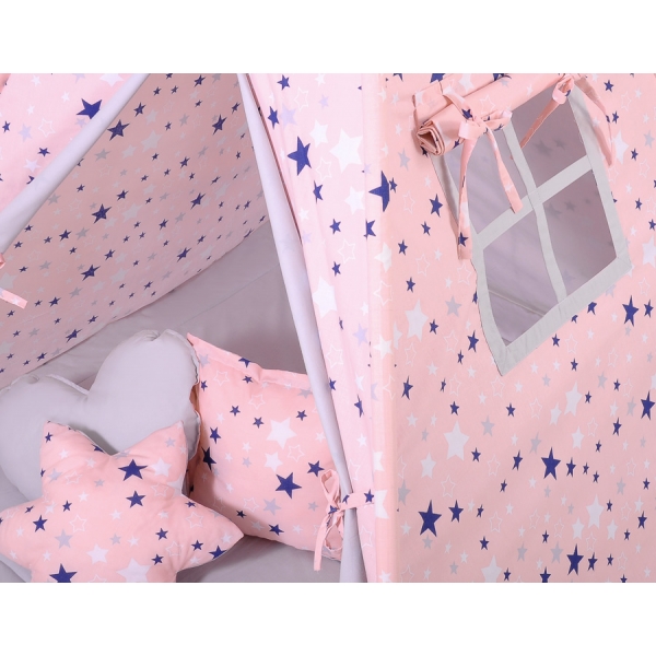 MEGA Set: Teepee Kinder Spielzelt + Spielmatte+ Kissen+ Schmuckfedern GRATIS!-rosa-blaue Sternen/grau
