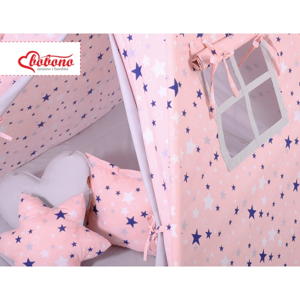MEGA Set: Teepee Kinder Spielzelt + Spielmatte+ Kissen+ Schmuckfedern GRATIS!-rosa-blaue Sternen/grau