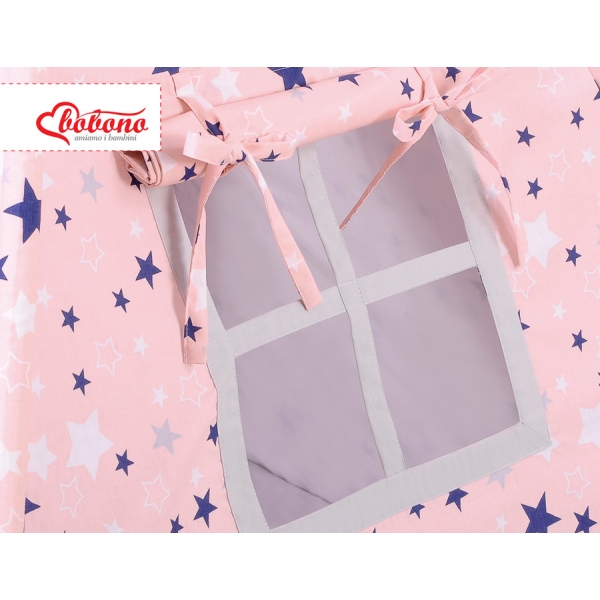 MEGA Set: Teepee Kinder Spielzelt + Spielmatte+ Kissen+ Schmuckfedern GRATIS!-rosa-blaue Sternen/grau