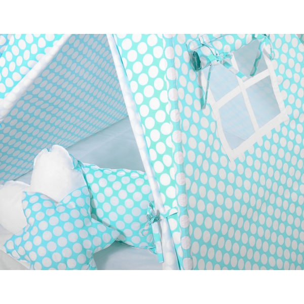 MEGA Set:Tipi Kinder Spielzelt  + Spielmatte+ Kissen+ Schmuckfedern GRATIS! - türkis Punkt-Muster