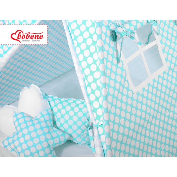 MEGA Set:Tipi Kinder Spielzelt  + Spielmatte+ Kissen+ Schmuckfedern GRATIS! - türkis Punkt-Muster