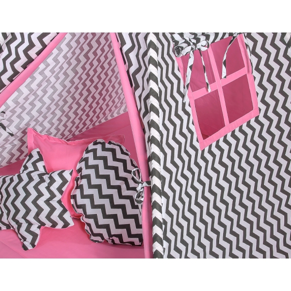 MEGA Set: Tipi Zelt+ Spielmatte+ Kissen - Chevron schwarz/ dunkel rosa
