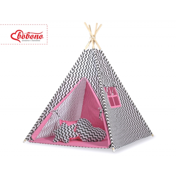 MEGA Set: Tipi Zelt+ Spielmatte+ Kissen - Chevron schwarz/ dunkel rosa