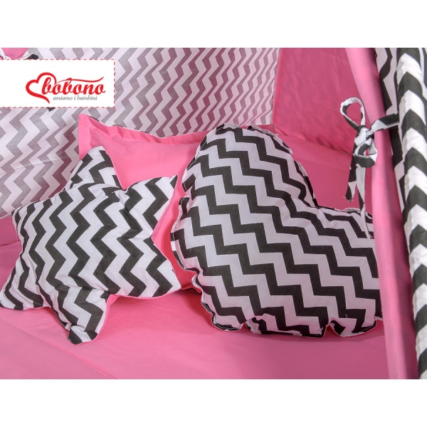 MEGA Set: Tipi Zelt+ Spielmatte+ Kissen - Chevron schwarz/ dunkel rosa