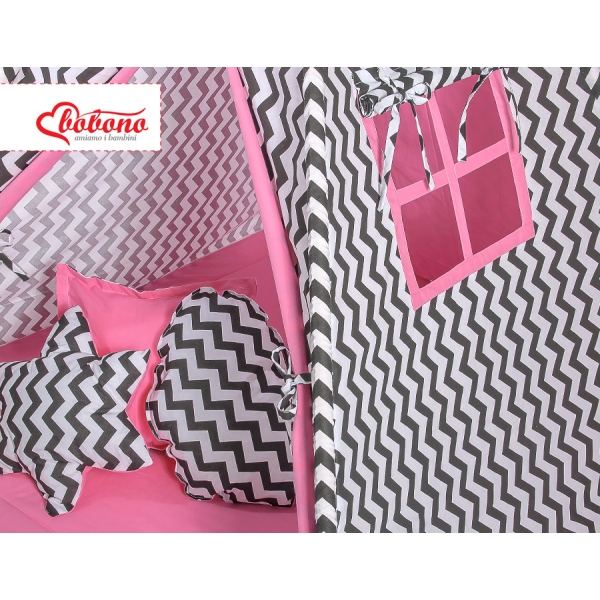 MEGA Set: Tipi Zelt+ Spielmatte+ Kissen - Chevron schwarz/ dunkel rosa
