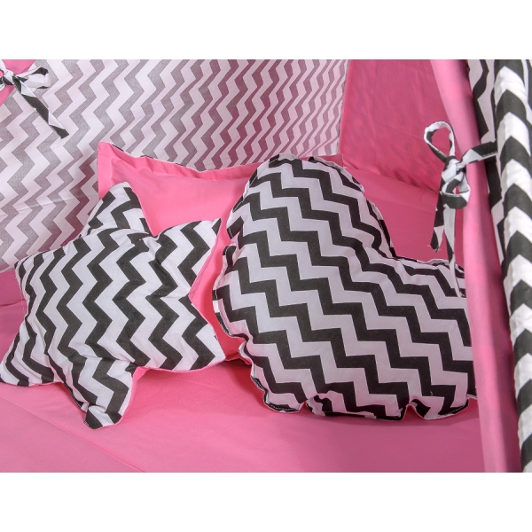 MEGA Set: Tipi Zelt+ Spielmatte+ Kissen - Chevron schwarz/ dunkel rosa