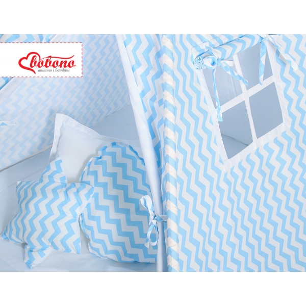 MEGA Set: Tipi Zelt für Kinder+ Spielmatte+ Kissen + Schmuckfedern GRATIS! - Chevron blau