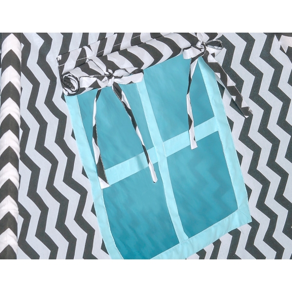 MEGA Set: Tipi Zelt Kinderspiel-Zelt+ Spielmatte+ Kissen - Chevron schwarz/ hell blau