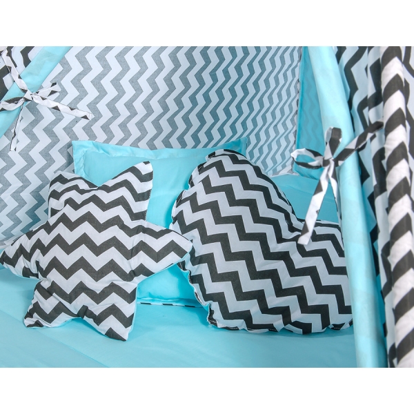 MEGA Set: Tipi Zelt Kinderspiel-Zelt+ Spielmatte+ Kissen - Chevron schwarz/ hell blau