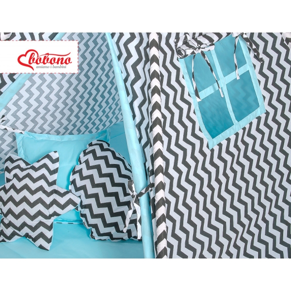 MEGA Set: Tipi Zelt Kinderspiel-Zelt+ Spielmatte+ Kissen - Chevron schwarz/ hell blau
