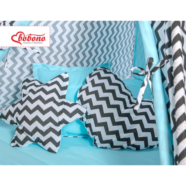 MEGA Set: Tipi Zelt Kinderspiel-Zelt+ Spielmatte+ Kissen - Chevron schwarz/ hell blau