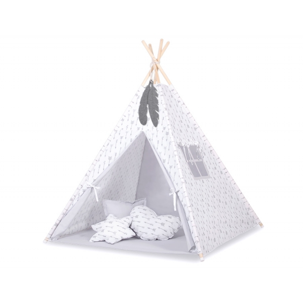 MINI Set: Teepee Kinderspiel-Zelt mit Spielmatte und Schmuckfedern GRATIS! -  grauen Pfeilen