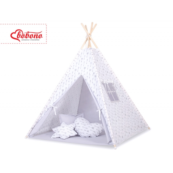 MINI Set: Teepee Kinderspiel-Zelt mit Spielmatte und Schmuckfedern GRATIS! -  grauen Pfeilen