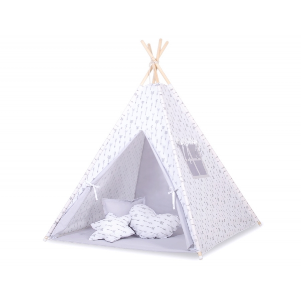 MINI Set: Teepee Kinderspiel-Zelt mit Spielmatte und Schmuckfedern GRATIS! -  grauen Pfeilen