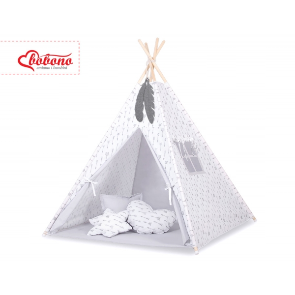 MINI Set: Teepee Kinderspiel-Zelt mit Spielmatte und Schmuckfedern GRATIS! -  grauen Pfeilen