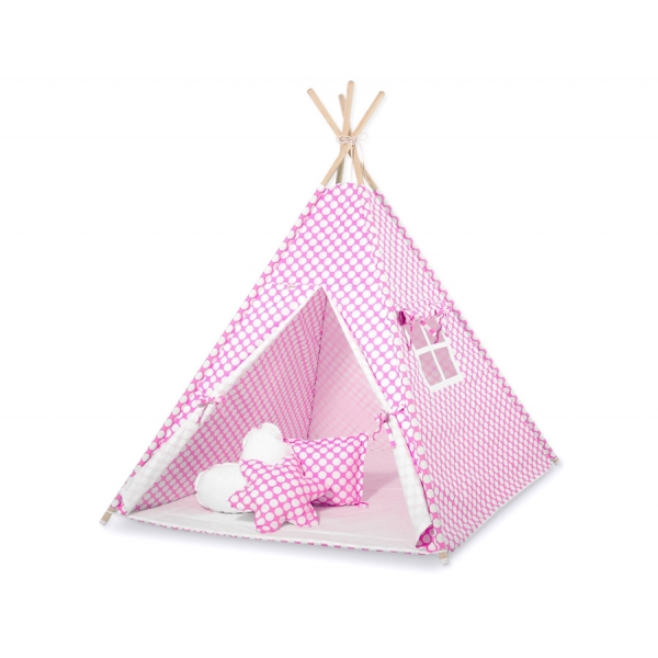 MINI Set: Teepee Kinderspiel-Zelt mit Spielmatte und Schmuckfedern GRATIS! -  rosa Punkt-Muster