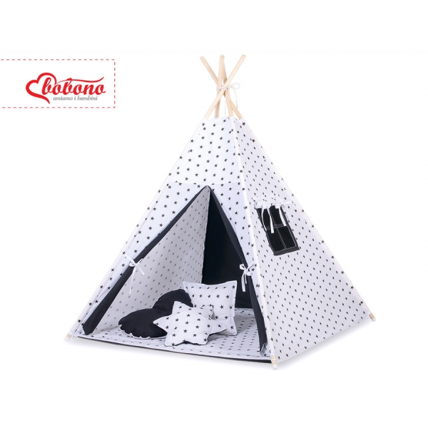 MINI Set: Teepee Kinderspiel-Zelt mit Spielmatte und Schmuckfedern GRATIS! -  Schwarze Sternchen/Schwarz