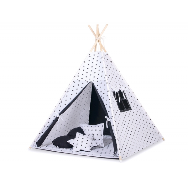 MINI Set: Teepee Kinderspiel-Zelt mit Spielmatte und Schmuckfedern GRATIS! -  Schwarze Sternchen/Schwarz