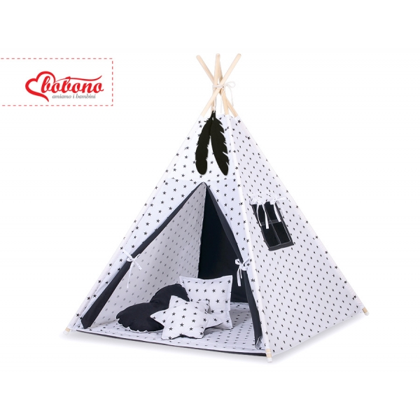 MINI Set: Teepee Kinderspiel-Zelt mit Spielmatte und Schmuckfedern GRATIS! -  Schwarze Sternchen/Schwarz