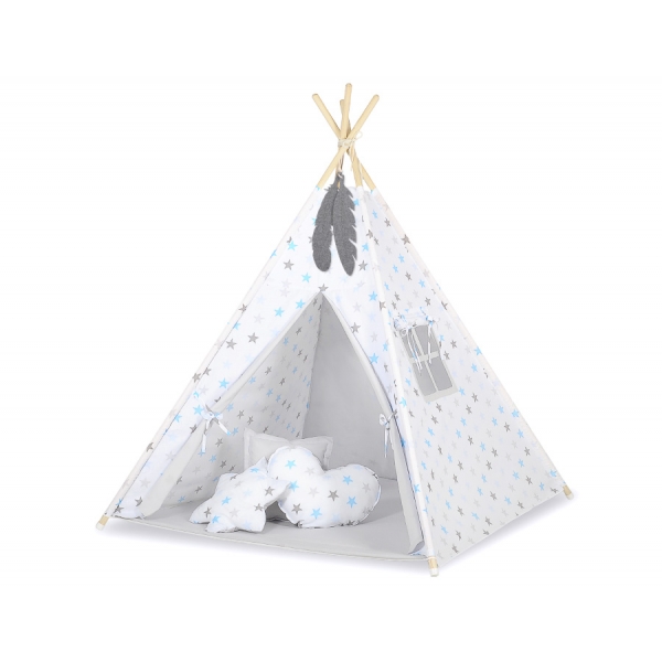 MINI Set: Teepee Kinderspiel-Zelt mit Spielmatte und Schmuckfedern GRATIS! - Blau-graue Sternen/grau
