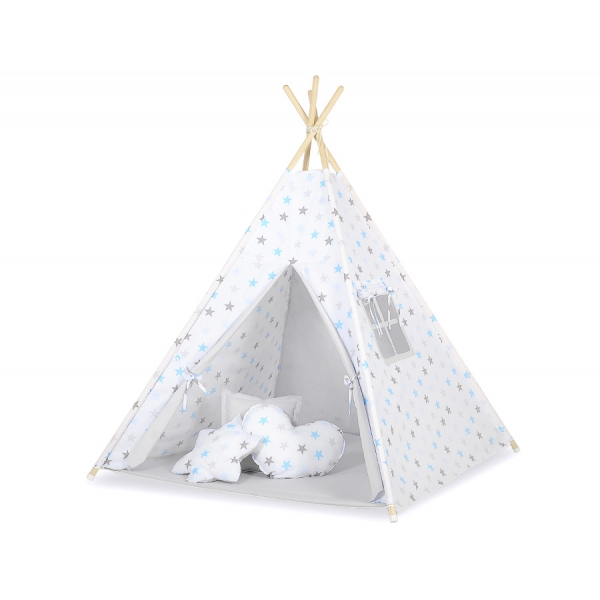 MINI Set: Teepee Kinderspiel-Zelt mit Spielmatte und Schmuckfedern GRATIS! - Blau-graue Sternen/grau