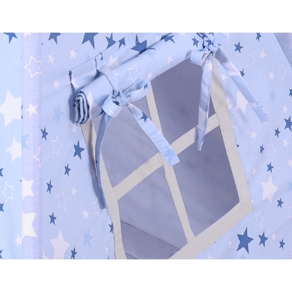 MINI Set: Teepee Kinderspiel-Zelt mit Spielmatte und Schmuckfedern GRATIS! - blaue Sternen/grau