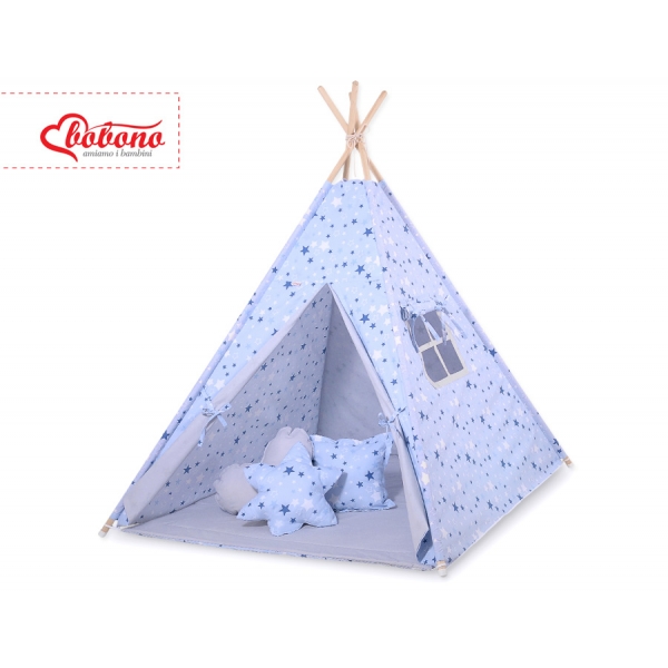 MINI Set: Teepee Kinderspiel-Zelt mit Spielmatte und Schmuckfedern GRATIS! - blaue Sternen/grau