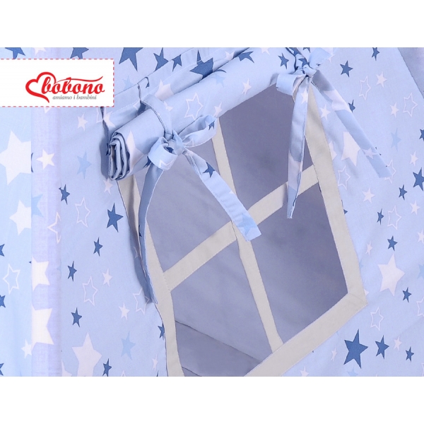 MINI Set: Teepee Kinderspiel-Zelt mit Spielmatte und Schmuckfedern GRATIS! - blaue Sternen/grau