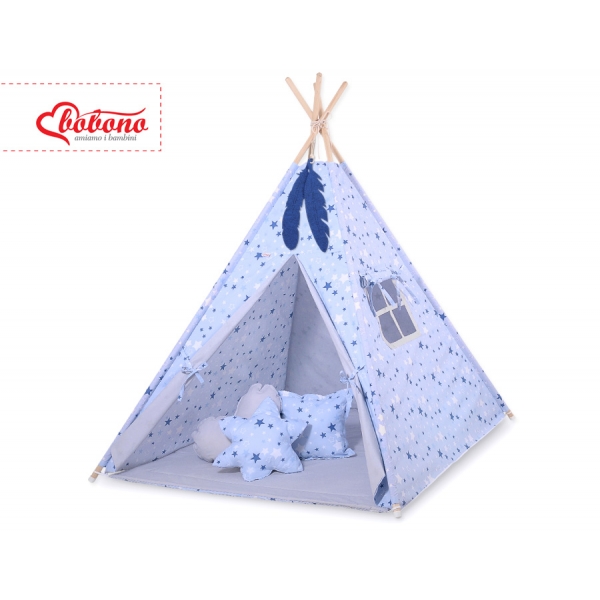 MINI Set: Teepee Kinderspiel-Zelt mit Spielmatte und Schmuckfedern GRATIS! - blaue Sternen/grau