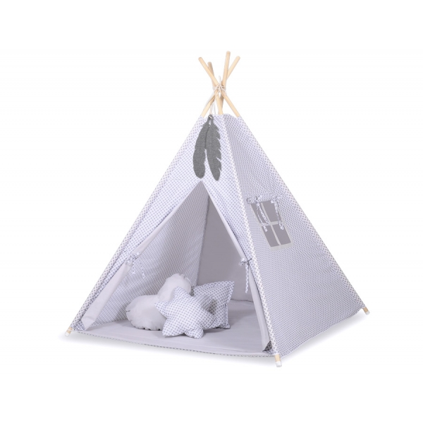 MINI Set: Teepee Kinderspiel-Zelt mit Spielmatte und Schmuckfedern GRATIS! - Blumenmuster grau