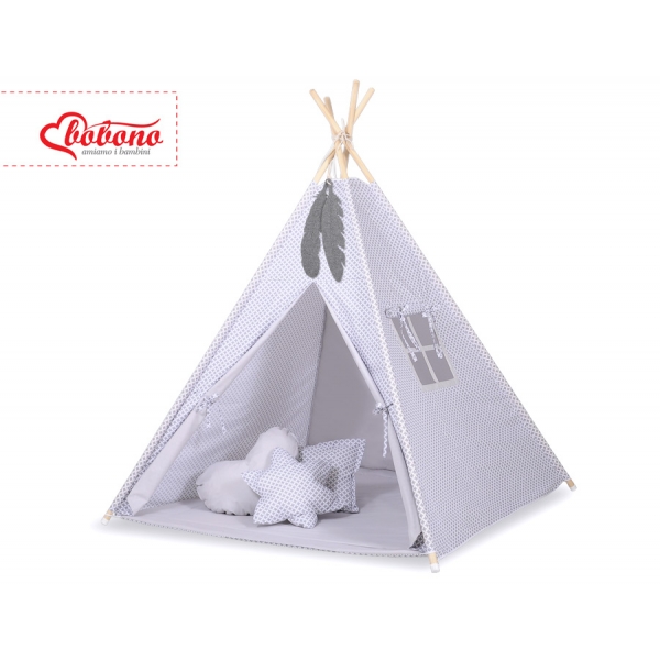 MINI Set: Teepee Kinderspiel-Zelt mit Spielmatte und Schmuckfedern GRATIS! - Blumenmuster grau