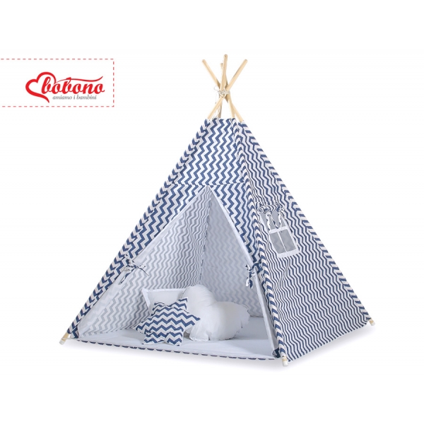 MINI Set: Teepee Kinderspiel-Zelt mit Spielmatte und Schmuckfedern GRATIS! - Chevron dunkelblau