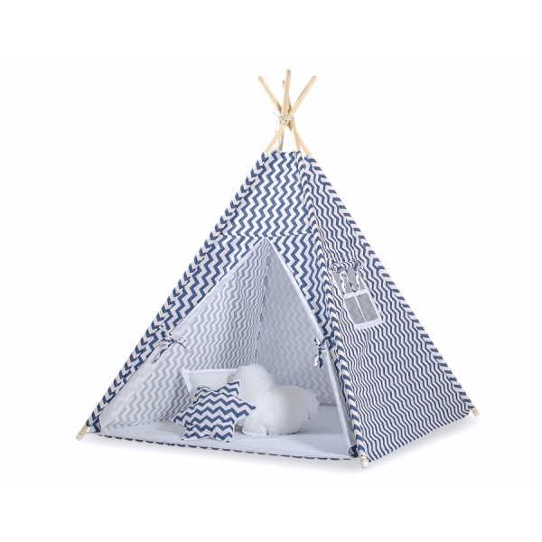 MINI Set: Teepee Kinderspiel-Zelt mit Spielmatte und Schmuckfedern GRATIS! - Chevron dunkelblau